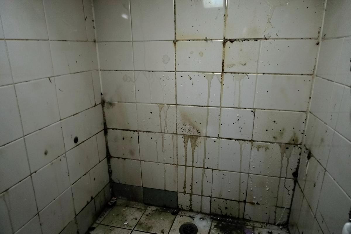 Bathroom tiles with hard-water stains before cleaning