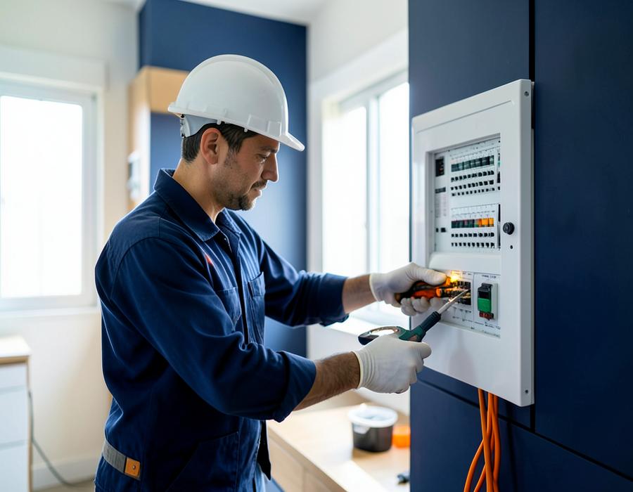 Electrician working on a home electrical panel
