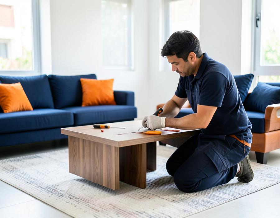 Carpenter repairing a wooden coffee table