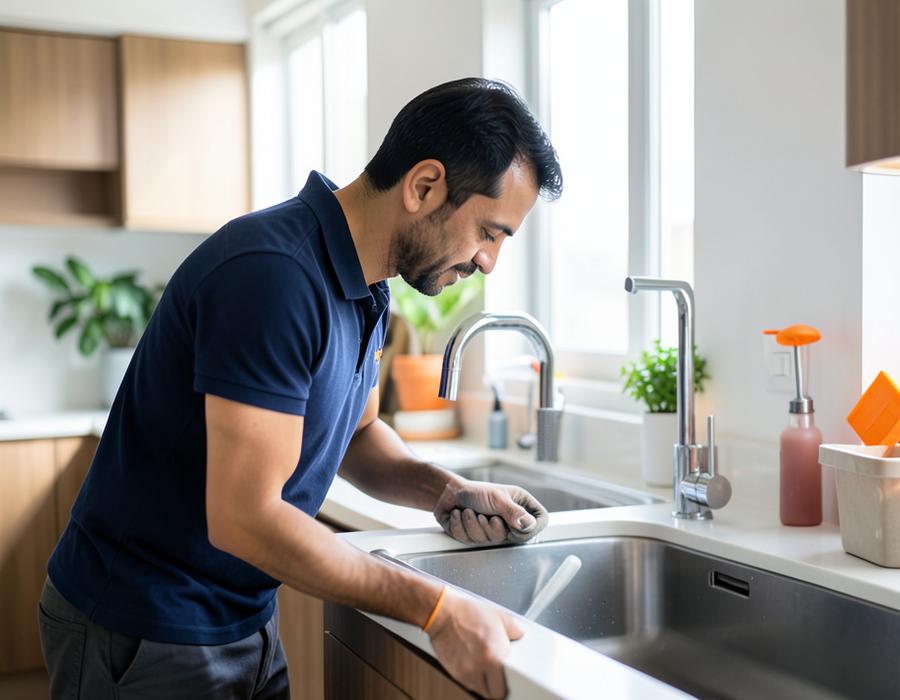Plumber fixing a modern kitchen sink