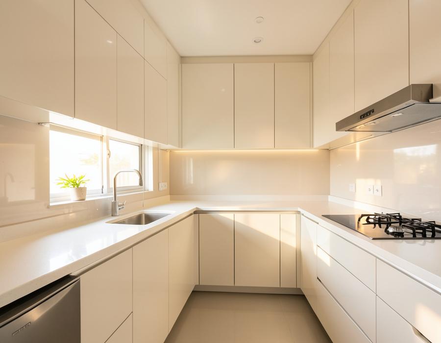 Sparkling clean kitchen countertops and cabinets