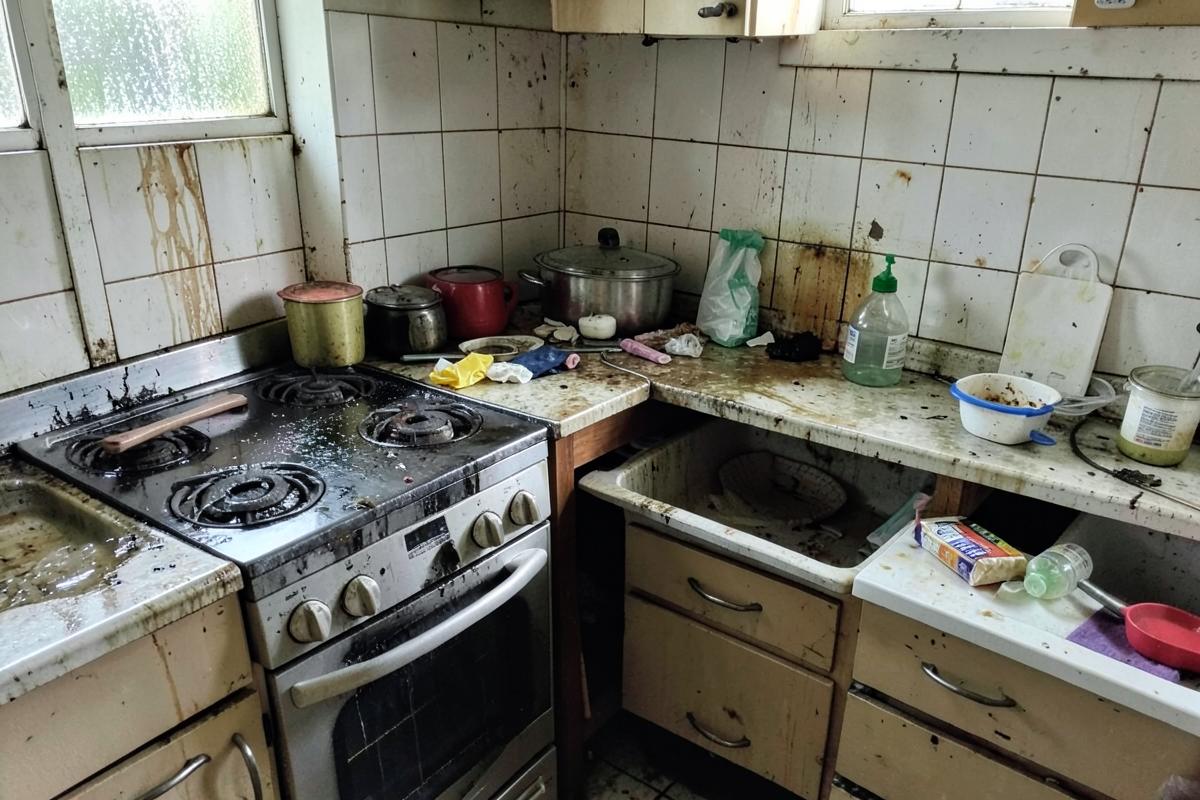 Greasy kitchen stove and tiles before cleaning